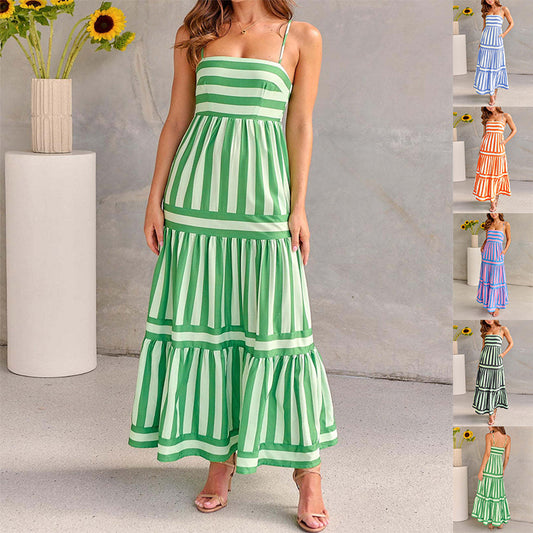 Women's Summer Striped Backless Maxi Dress