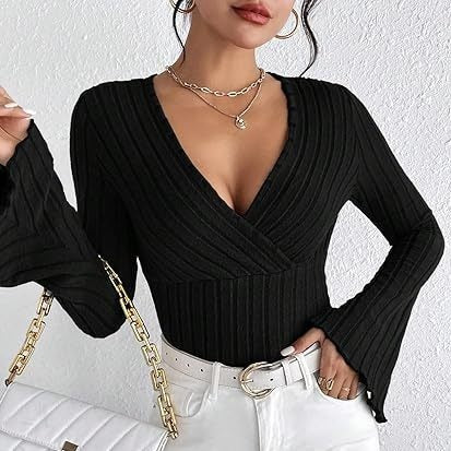 Women's Ribbed V-Neck Flared Sleeve Top